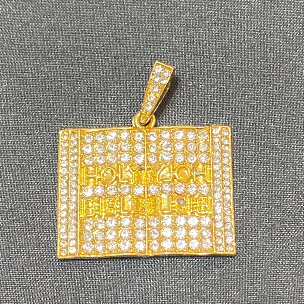 CZ Encrusted Gold Tone Holy Bible Pendant